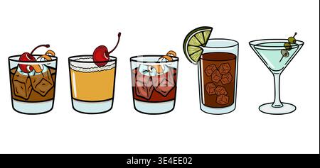 Set Speakeasy Lounge mit fünf köstlichen Cocktail Illustrationen mit Garnituren, Vektor Stock Vektor