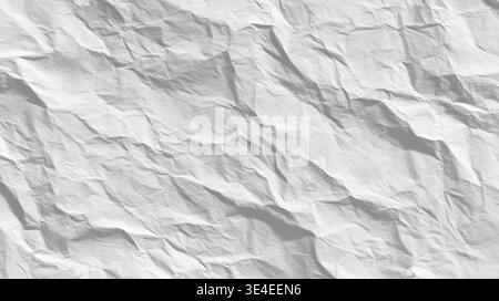Weißer Hintergrund mit zerknitterter Papierstruktur. Nahaufnahme von weißem zerknittertem Papier mit tiefen Falten und Schatten, strukturierte Oberfläche. Textur aus zerknittertem weißem Papier Stockfoto