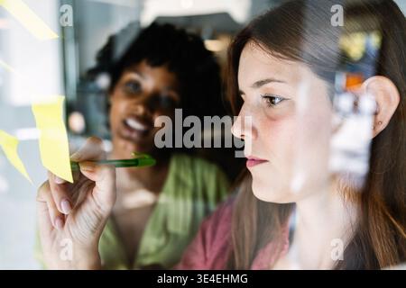 Frauen, die Ideen mit Haftnotizen auf Glaswand schreiben Stockfoto