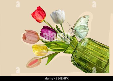 Eine handgezeichnete Vektor-Illustration von 6 Tulpen verschiedener Farben in einer grünen Glasvase, mit einem Schmetterling über den Tulpen. Stock Vektor