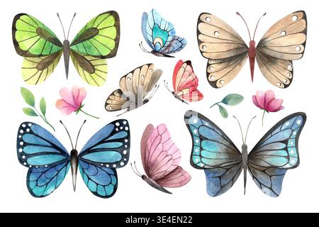 Buntes Set Schmetterlinge. Aquarell handgezeichnete Insektenklammerkunst. Botanische und Hochzeitsillustrationen. Designelemente für Geburtstage, Partys, Invit Stockfoto