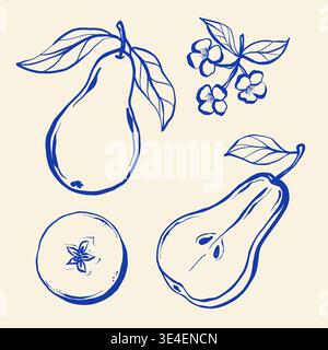 Handgezeichnete Illustrationen von Birnen und Orange mit Blättern und Blumen Stock Vektor