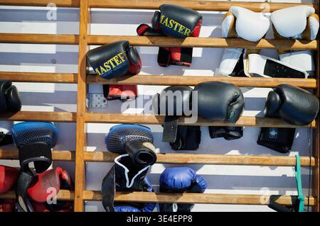 Verschiedene farbige Boxhandschuhe, einschließlich der Marke Master, die an Holzstangen in einem Boxstudio in Gdynia, Trojmiasto, Polen, Europa hängt. Stockfoto