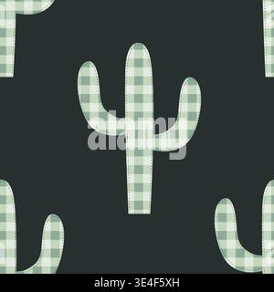 Nahtloses Muster mit karierten Kakteen-Silhouetten. Saguaro-Kaktus-Gingham-Hintergrund. Cartoon Wüste Vektor Illustration Stock Vektor