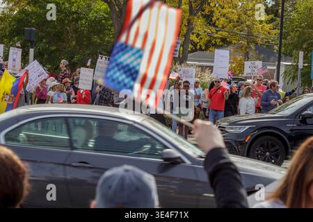 No Kings Demonstranten auf Long Island, New York, demonstrieren mit amerikanischen Flaggen gegen Faschismus, Donald Trump und Make America Great Again (MAGA). Stockfoto