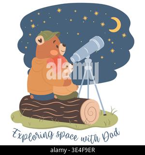 Papa Bär und Sohn erforschen den Weltraum. Niedliche Illustration für Väter Day Holiday Stock Vektor