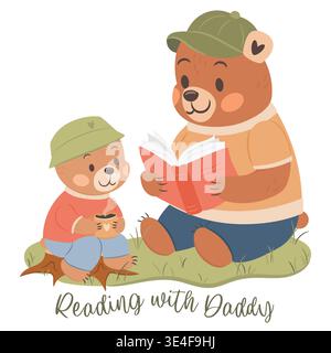 Papa Bär liest ein Buch mit seinem Sohn. Niedliche Illustration für Väter Day Holiday Stock Vektor