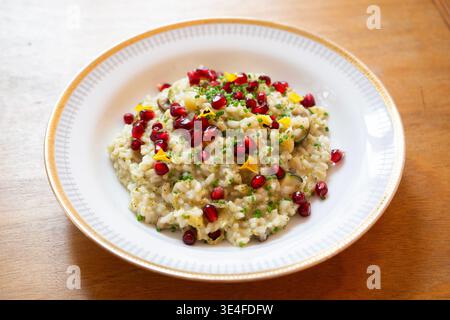 Cremiges Risotto mit Granatapfelkernen und frischen Kräutern, serviert in einer weißen Schüssel Stockfoto