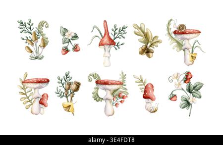 Niedliches Sommerwald Pflanzen Pilze Beeren Arrangement Set. Aquarellflorale Illustration Hand gemalt isoliert auf weißem Hintergrund für Kinderzimmer Baby Stockfoto