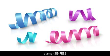 Bunte, lockige Satinbänder in lila, rosa und blau mit Reflexion auf weißem Hintergrund. Realistische 3D-Geschenkband-Streifen für Weihnachten oder Geburtstagsfeier Dekoration - Vektor-Set. Stock Vektor