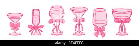 Cocktailglas mit rosa Schleifenbändern - handgezeichneter Martini und Wein, Champagner und Margarita. Elegante Cocktail-Doodles mit Coquette-Ästhetik für Hochzeiten, Junggesellinnen und valentinstag-Partys. Stock Vektor
