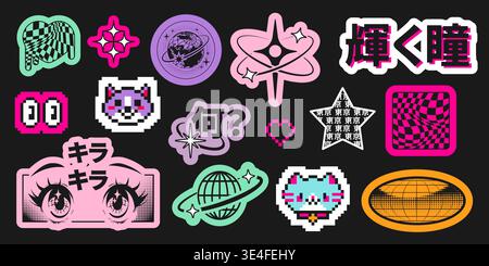 Vintage-Anime-Aufkleber, isoliert auf schwarzem Hintergrund. Vektor-Illustration von Pixeltier-Ikonen, karierten Herz- und Sternformen, asiatischen Hieroglyphen, niedlichen Mädchenaugen, Planeten, Retro futuristischen Emoji Stock Vektor