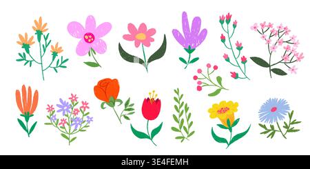 Buntstift-Blüten in Kreidepastellstil - handgezeichnete Frühlingsblüten aus Tulpen, Gänseblüten, Rosen und Wildblumen in kinderfreundlicher Ästhetik. Vektor-Set für Kinder Grußkarten oder botanisches Design Stock Vektor