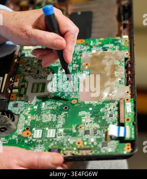 Schließen Sie die Hände mit einem professionellen Präzisionsschraubendreher an, um Komponenten der grünen Computerplatine zu reparieren, die elektronische Hardware und technische Unterstützung unterstützen Stockfoto