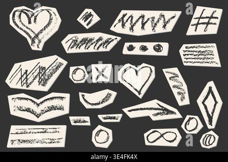 Handgezeichnetes Herz mit Krone und Pfeil in Kreideskizze. Raue Pinselstriche und Grunge-Textur sorgen für authentische Kritzelelemente für kreative Kreativität Stock Vektor