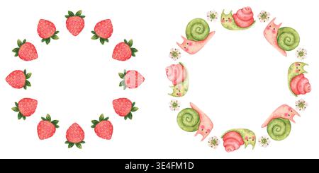 Erdbeerkranz und süßer Kranz mit lustigen Schnecken. Set mit zwei Kränzen. Runde Rahmen im Cartoon-Stil mit Garten- oder Waldelementen. Handgezeichnet. Stockfoto