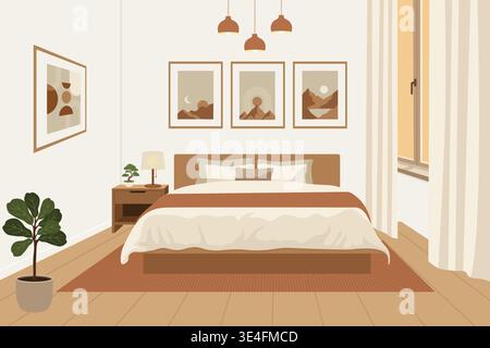 Modernes japandi Schlafzimmer mit Holzbett und Wandkunstgalerie Vektor Illustration. Stock Vektor