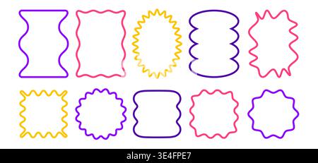 Rahmen mit Muschelrand, gewellten Kanten und knackigen Formen. Rechteckige, kreisförmige und quadratische Rahmen im Y2K-Stil in leuchtenden Farben mit niedlichen kurvigen Linien, funkigen Mustern und Retro-Starburst-Designs. Stock Vektor