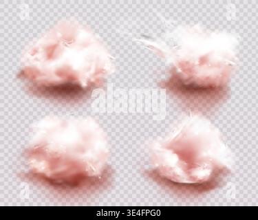 Pinke Wolke mit realistischen weichen, flauschigen Formen, isoliert auf Transparent. Traumhafte Himmelselemente mit Zuckerwatte und sanftem Verlauf. Romantische Wolken bei Sonnenuntergang für valentinstag-Design Stock Vektor