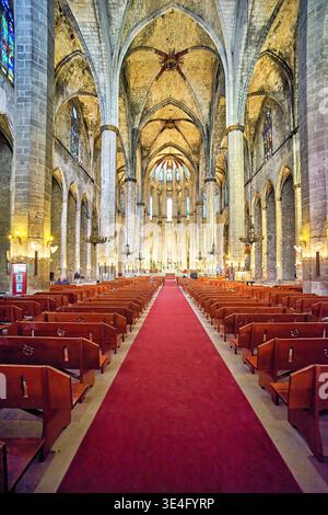 Besucher bewundern das Innere der Kirche Santa Maria del Mar in Barcelona mit hohen Bögen und Reihen von Holzbänken entlang des Kirchenschiffs. Stockfoto