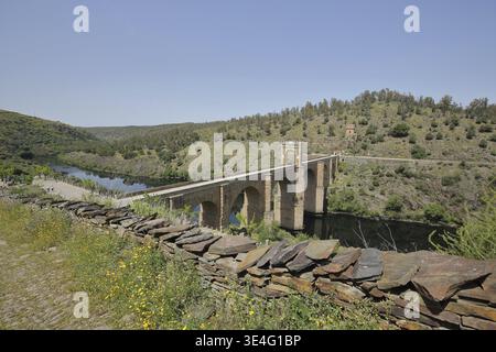 Römische Brücke Puente Romano mit Torre del Oro über den Fluss Rio Tajo, Steinbogenbrücke, Landschaft, Alcantara, Extremadura, Spanien Stockfoto