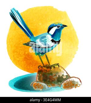 Original handgemalte Aquarellillustration eines blauen Singvogels Stockfoto