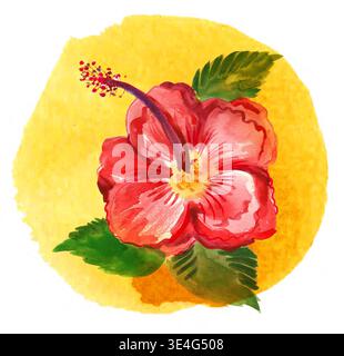 Original handgemalte Aquarellillustration einer roten Hibiskus-Tropenblume Stockfoto