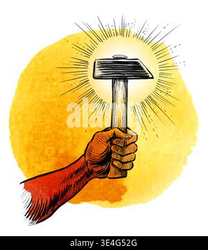 Original handgemalte Aquarellillustration einer Hand, die einen Hammer hält Stockfoto