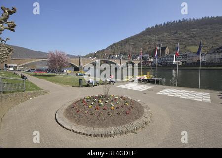 Moselufer mit Skagerrak-Brücke, Moselbrücke, Quelle, Moselfluss, Moseltal, Cochem, Mittelmosel, Rheinland-Pfalz, Deutschland Stockfoto