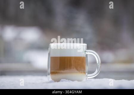 Ein doppelwandiger Glasbecher mit heißem Kaffee-Latte mit Milchschaum auf frischem kaltem Schnee, verschwommenem schneebedeckten Wald, Winter in Stallikon bei Zürich, Schweiz Stockfoto