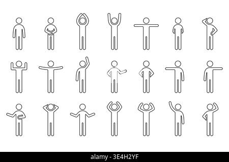 Set aus 20 weißen Stabfiguren, schwarzen, dünnen Strichbildern auf weißem Hintergrund, die jeweils eine einzigartige menschliche Pose oder Geste zeigen. Ideal zur Darstellung des Körpers l Stock Vektor