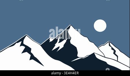 Stilisierte Vektorgrafik-Illustration von verschneiten Berggipfeln vor einem blauen Himmel mit hellem Mond Stock Vektor