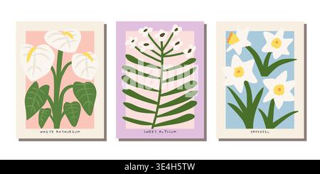 Modernes botanisches Poster-Set. Abstrakte Blumenwandkunst. Illustrationen für Sommer-Vibe. Stock Vektor