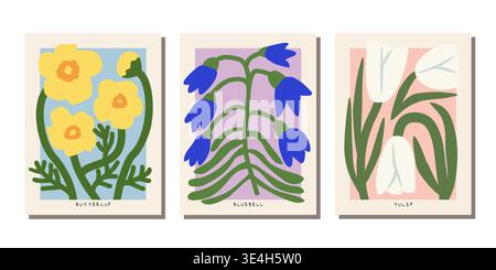 Moderne botanische Wandkunst. Blumenillustrationen mit flachem Design. Minimalistisches Botanik. Stock Vektor