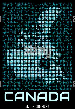 Digitale gepunktete Karte für Kanada. Form des Landes in der zyanblauen Farbpalette auf dunklem Hintergrund. Futuristisches Kartendesign für Kanada. Vektorabbildung. Stock Vektor