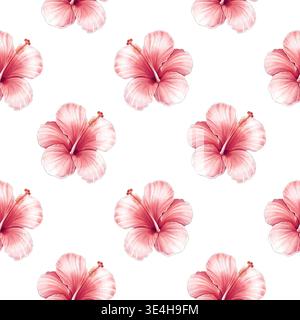 Nahtloses Hibiskus-Muster, tropischer Hintergrund mit roten Blumen Stockfoto