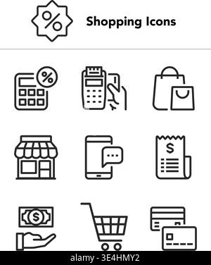 Eine Sammlung von Kontursymbolen, einschließlich Taschenrechner, Kreditkarte, Warenkorb und Illustration für den Einzelhandel. Stock Vektor
