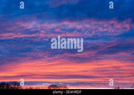 Ein atemberaubender Himmel bei Sonnenuntergang, gefüllt mit dramatischen Wolken in leuchtendem Orange, Rosa und tiefem Blau über einem dunklen Baum Silhouette Horizont. Stockfoto