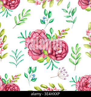 Nahtloses Aquarellmuster mit rosa Pfingstrosenblüten, grünen Blättern und Beeren, isoliert auf weißem Hintergrund. Romantisches botanisches Wiederholungstext Stockfoto
