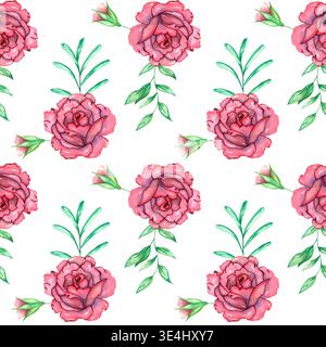 Nahtloses Aquarellmuster mit rosa Pfingstrosenblüten, grünen Blättern und Beeren, isoliert auf weißem Hintergrund. Romantisches botanisches Wiederholungstext Stockfoto
