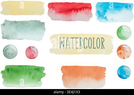 Satz von bunten Aquarellpinselstrichen und runden Farbflecken isoliert auf weißem Hintergrund. Handgemalte abstrakte Elemente für Design, Einladungen, Stockfoto