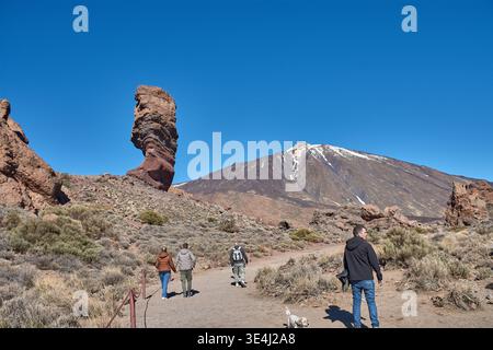Teide, Teneriffa, 13. Januar 2026, Eine Gruppe von Besuchern spaziert entlang der Wege von ockerem Sand und Basaltfelsen, die sich am Fuße des imposanten Mo erstrecken Stockfoto