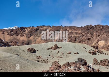 Teide, Teneriffa, 13. Januar 2026, Eine Gruppe von Besuchern spaziert entlang der Wege von ockerem Sand und Basaltfelsen, die sich am Fuße des imposanten Mo erstrecken Stockfoto