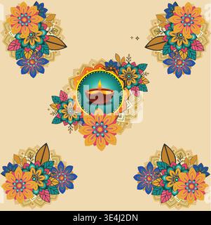 Diwali Blumenmuster mit beleuchtetem Diya und farbenfrohem Rangoli-Motiv für Festivalfeiern Stock Vektor