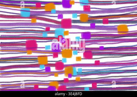 Lebendiges, dekoratives abstraktes Muster mit handgezeichneten vertikalen Wellenlinien und verstreuten bunten Quadraten in Pink, Lila, Orange und Blau auf einem Hauch Stockfoto