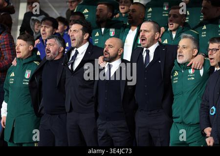 Bergamo, Italien - 26. März 2026: Gennaro Gattuso Trainer von Italien, Gianluigi Buffon Leiter der italienischen Nationalmannschaft Leonardo Bonucc Stockfoto