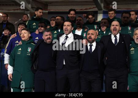 Bergamo, Italien - 26. März 2026: Gennaro Gattuso Trainer von Italien, Gianluigi Buffon Leiter der italienischen Nationalmannschaft Leonardo Bonucc Stockfoto