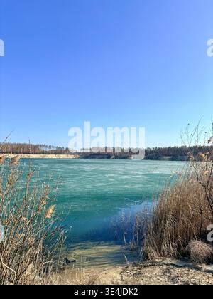 Ein Panoramablick auf einen teilweise gefrorenen See mit lebhaftem türkisfarbenem Wasser, umgeben von einem dichten Kiefernwald und trockenem Küstenschilf unter einer Brige Stockfoto