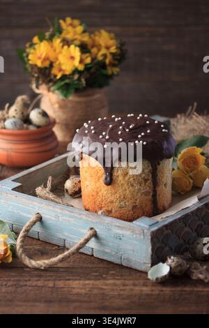 Das Osterkulich, ein traditionelles Süßbrot, steht im Mittelpunkt dieses charmanten Stilllebens, präsentiert in einem rustikalen hellblauen Holztablett. Die Größe, Stockfoto