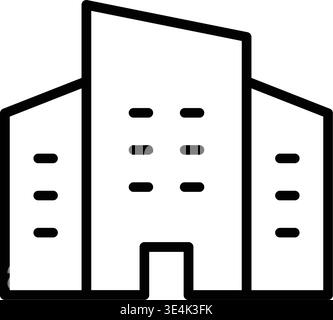 Ein einfaches schwarzes Symbol eines mehrstöckigen Geschäftsgebäudes mit einem zentralen Turm und zwei Seitenflügeln. Stock Vektor